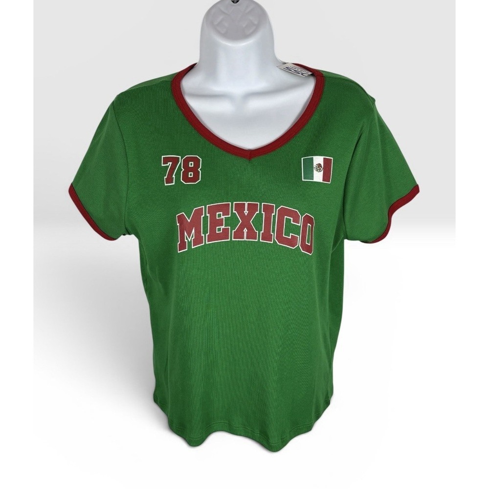 NIKXIE Women's Mexico Soccer Futbol Shirt V Neck Cropped Green & Red Trim -1966